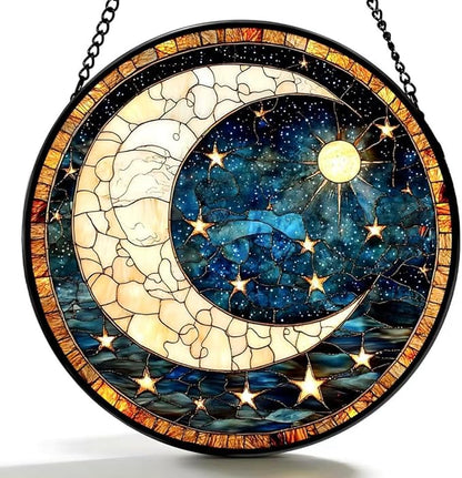 Funoasis Stained Glass Window Hanging 6.3 Inches Suncatcher - Deep Blue Sky A Crescent Moon and Many Stars Ornaments Sun Catcher Home Decor Women Birthday