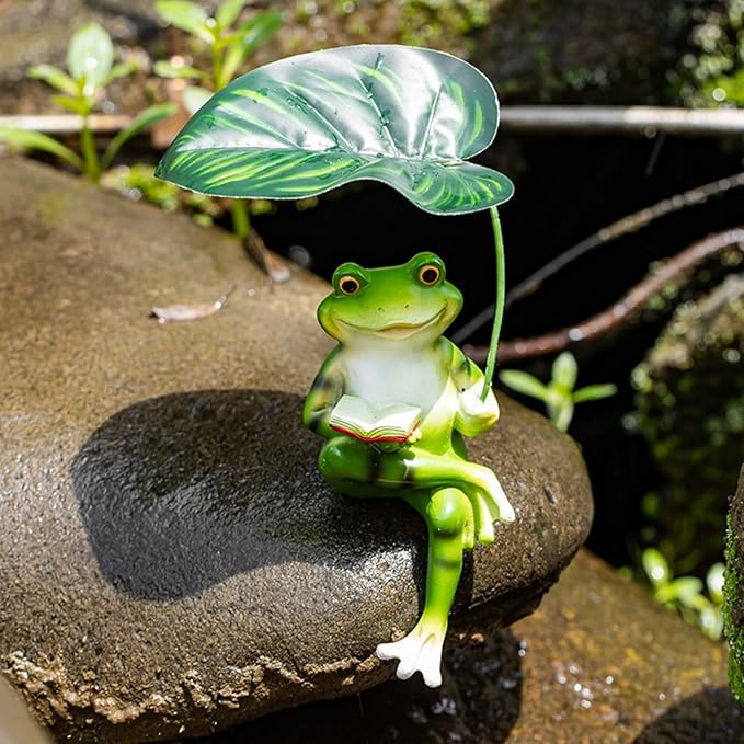 OwMell Frog Statue for Garden, Green Frog Figurine for Outdoor Decor Yard and Garden Decoration Resin Sculpture 6 Inches - Book & Leaf