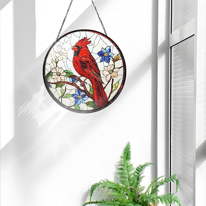 Bimkole Red Bird Stained Glass Suncatcher Window Hanging - Flowers Design for Indoor Window or Doorway Decoration - 7.87x7.87 inch with Chain and Hook - Unique Home Decor Gift