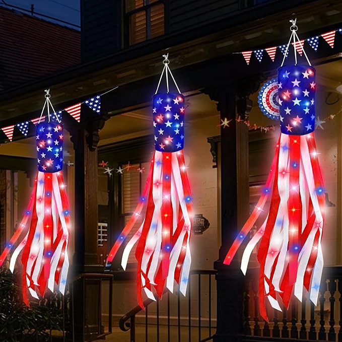 3 Pack 40" American Flag Windsock with Lights 4th of July Decorations, 250th Anniversary USA Red White Blue Star Stripes Patriotic Windsock Memorial Day Independence Day Fourth of July Outdoor Decor
