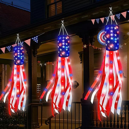 3 Pack 40" American Flag Windsock with Lights 4th of July Decorations, 250th Anniversary USA Red White Blue Star Stripes Patriotic Windsock Memorial Day Independence Day Fourth of July Outdoor Decor