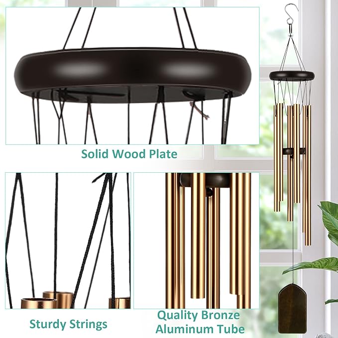 Yahenda 6 Pieces Rustic Wind Chimes 28 Inch Deep Tone Wind Chimes with 6 Aluminum Tubes Memorial Outdoors Soothing Melody for Farmhouse Garden Patio Home Decor(Bronze)