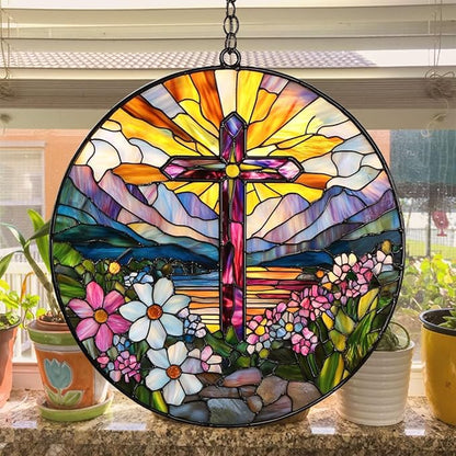 Flowers Hill Cross Acrylic Suncatcher Stained Glass Effect Window Car Hanging Christmas Ornament Indoor Outdoor Decor Garden Memorial Sun Catcher for Family Christmas Jesus Gift for Women Mom Grandma