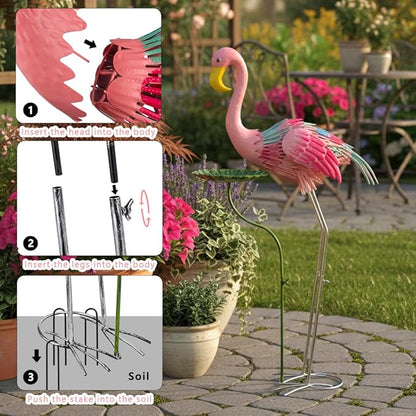 Large Flamingo Garden Statue, Metal Pink Flamingo Outoor Statue with Leaf Tray, Lawn Flamingos Ornaments Bird Art Yard Decor for Garden, Backyard, Present for Woman(38.58 Inch Tall)