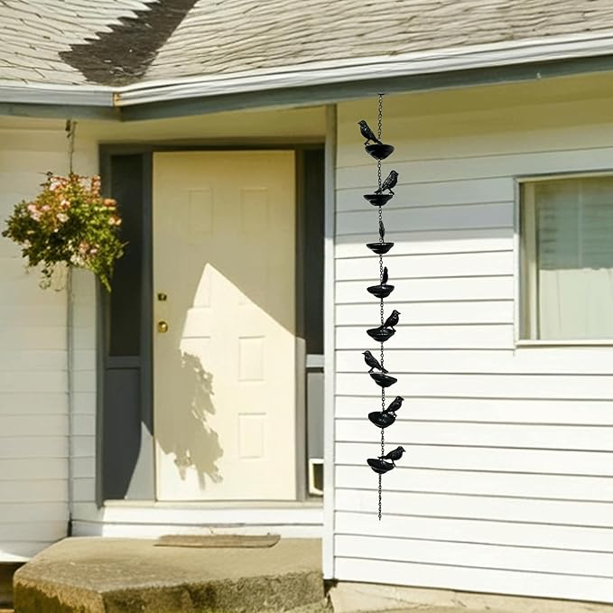Birds Rain Chain Metal Bird Outdoor Decoration Rainwater Chain for Gutters, 3.28 FT Length with 8 Birds, Durable and Elegant Garden Drainage & Eaves Decor
