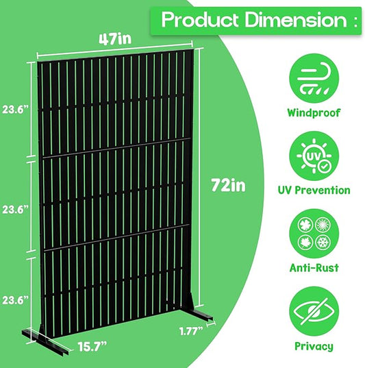 MTART Metal Privacy Screen 72" H x 47.2" Decorative Outdoor Privacy Screen Privacy Panel with Stand for Balcony Deck Patio Lawn Garden, Privacy Fence (Black-Vertical)