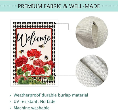 Baccessor Spring Summer Geranium Welcome House Flag Double Sided Summer Bee Red Floral Buffalo Plaid Burlap Large Flag House Seasonal Farmhouse Outside Outdoor Decoration 28 x 40 Inch
