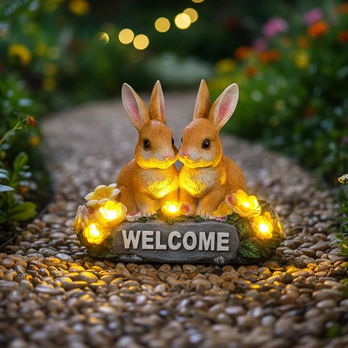 Solar Rabbit Garden Statue 5.9" Resin Bunny Statue with Welcome Sign Rabbit Figurines Light Decorations for Patio Yard Lawn Ornaments Easter Housewarming Birthday Gifts for Women Mom Grandma Wife