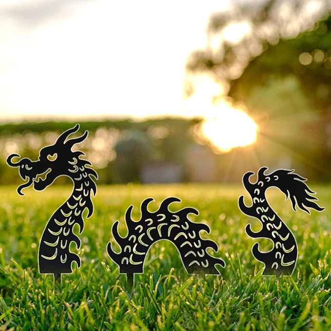 Elenon Dragon Garden Metal Stakes Set of 3, Inspirational Wall Decor Sculpture Hanging for Indoor Outdoor Yard Garden, Silhouette Statue for Patio Yard Walkway Art Decor