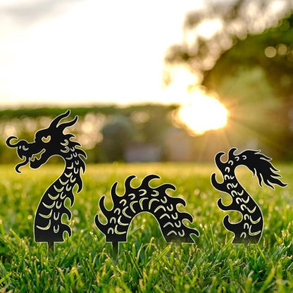 Elenon Dragon Garden Metal Stakes Set of 3, Inspirational Wall Decor Sculpture Hanging for Indoor Outdoor Yard Garden, Silhouette Statue for Patio Yard Walkway Art Decor