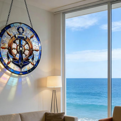 Nautical Stained Glass Anchor & Helm Suncatcher, Window/Door Decor for Coastal - Style Homes, Ideal Gift for Sea Lovers, Grandma, Girlfriend