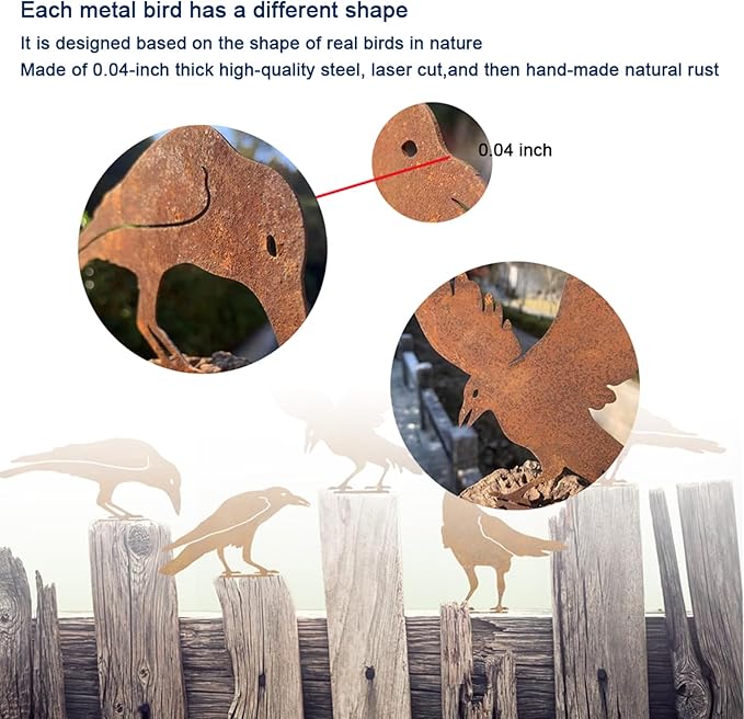 5PCS Rusty Metal Birds Decoration, Outdoor Fence Yard Decor, Metal Bird Art, Fence Decorations Outdoor, Rustic Garden Decor, Garden Sculptures Statues, Lawn Ornaments (Raven)