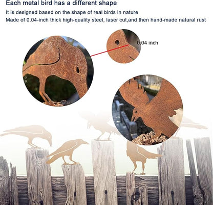 5PCS Rusty Metal Birds Decoration, Outdoor Fence Yard Decor, Metal Bird Art, Fence Decorations Outdoor, Rustic Garden Decor, Garden Sculptures Statues, Lawn Ornaments (Raven)