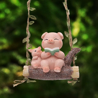 Swing Animal Garden Statue, Resin Ornament, Cartoon Gift,Decorative Hanging Sculpture Cute Pig Figurine for Outdoor Indoor