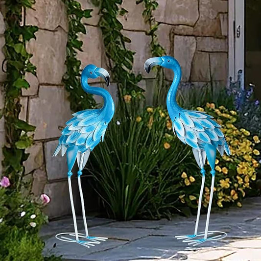Set of 2 Metal Flamingo Garden Statues, Yard Flamingo Outdoor Decor for Lawn Patio Garden Backyard Display (Blue)