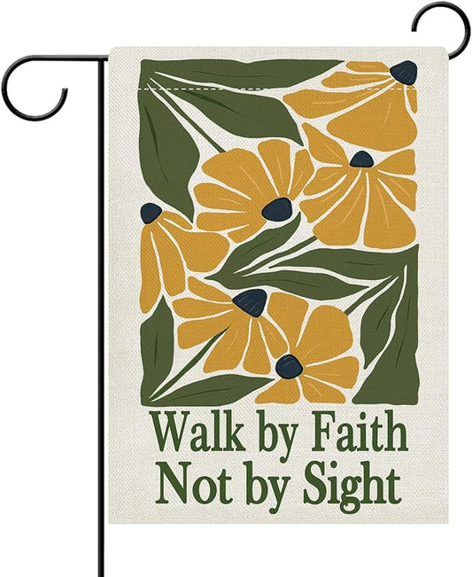 Dyrenson Inspirational Yellow Flower Decorative Garden Flag, Motivational Walk by Faith Not by Sight Floral Yard Outside Home Decoration, Spring Summer Burlap Outdoor Small Decor Double Sided 12 x 18