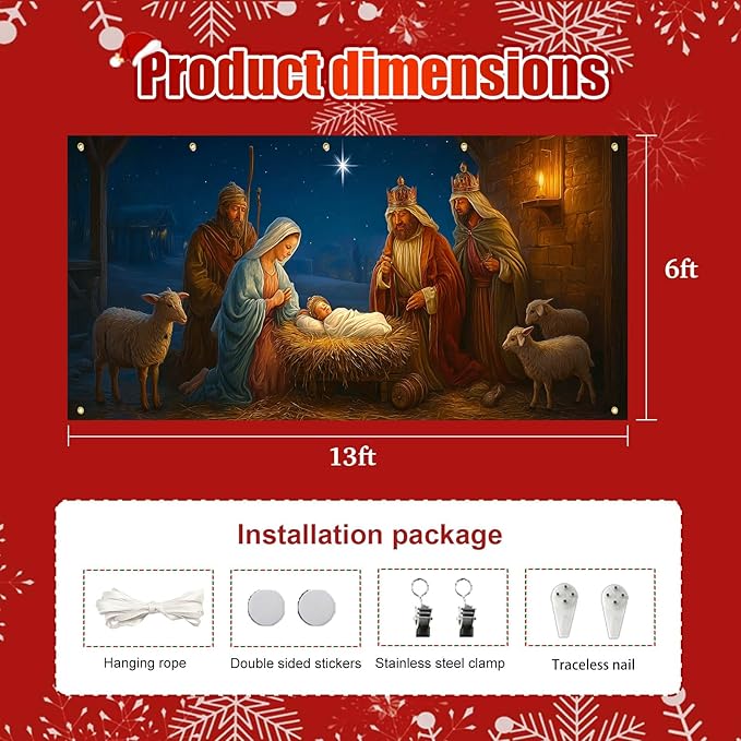 HOMETITUTE Nativity Scene Garage Door Banner 13x6ft Baby Jesus Backdrop with light Animals Stable Religious Christmas Yard Decor for Outdoor Wall Mural Holiday Display