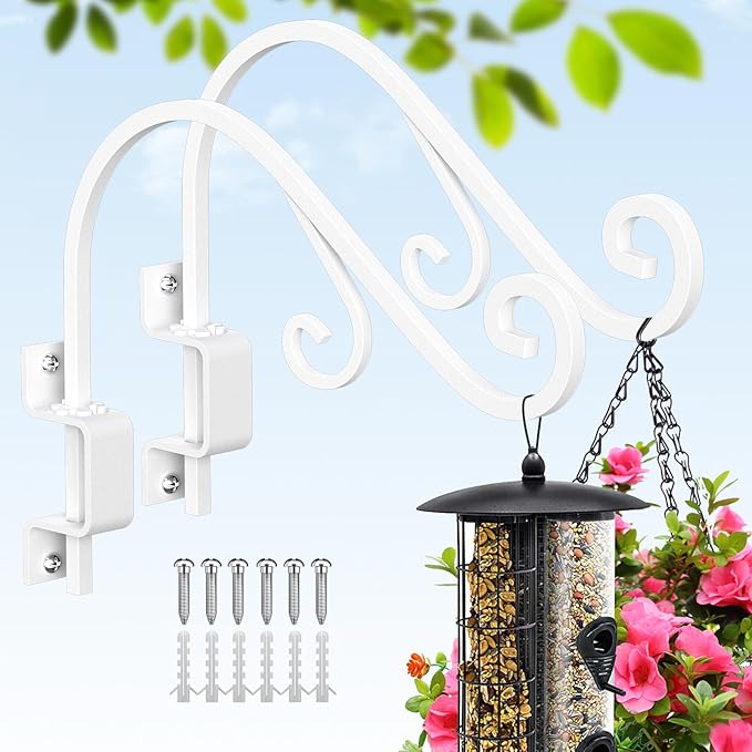 Swivel Plant Hangers Outdoor: 2 Pack 16 Inch Metal Hanging Plant Bracket Sturdy Wrought Iron Plant Hooks Indoor Wall Mount for Hanging Bird Feeders, Lanterns, Flower Baskets, Wind Chimes, White