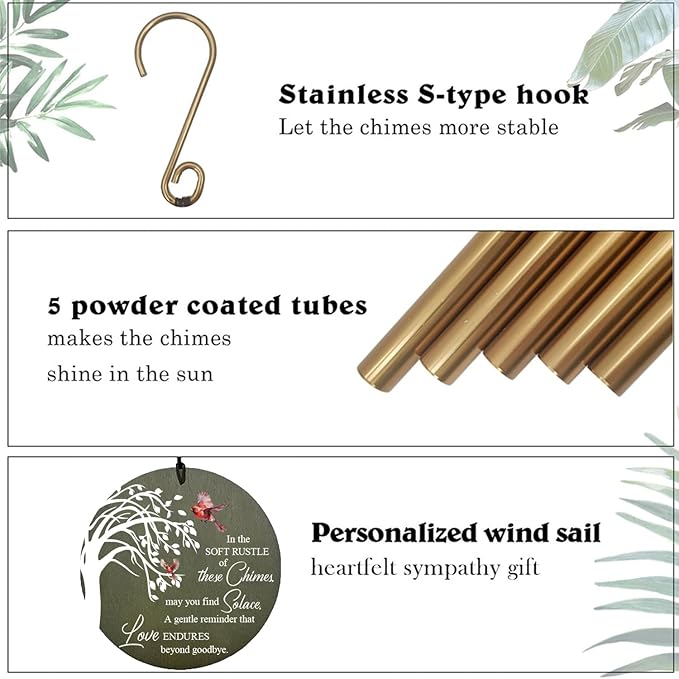 Personalized Sympathy Wind Chime, Condolence Gifts Wind Chimes for Outside, Memorial Wind Chimes Outdoor Deep Tone Sympathy, Memorial Bereavement Gifts for Condolences/Funeral, Product in USA