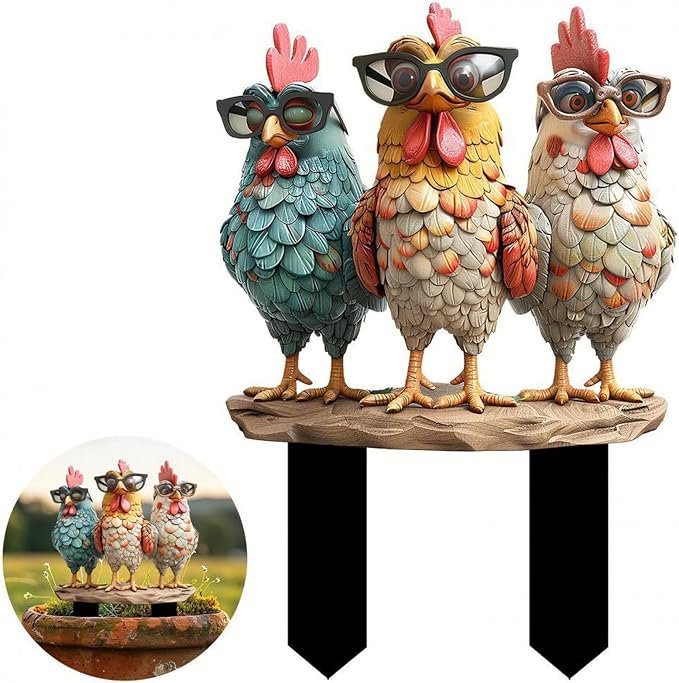Garden Stake Decor, Acrylic 2D Flat Cute Animal Statue, Fairy Sculptures Ornament Indoor Outdoor Yard Lawn Pot Plant Decorative Accessories (Three Roosters Wearing Glasses)
