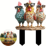 Garden Stake Decor, Acrylic 2D Flat Cute Animal Statue, Fairy Sculptures Ornament Indoor Outdoor Yard Lawn Pot Plant Decorative Accessories (Three Roosters Wearing Glasses)