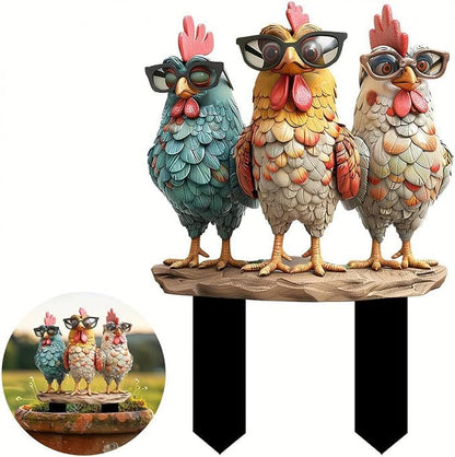 Garden Stake Decor, Acrylic 2D Flat Cute Animal Statue, Fairy Sculptures Ornament Indoor Outdoor Yard Lawn Pot Plant Decorative Accessories (Three Roosters Wearing Glasses)
