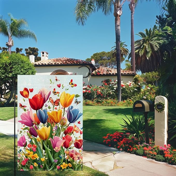 Spring Summer Tulip Garden Flag 12x18 Inch Double Sided, Colorful Welcome Yard Decor, Farmhouse Outdoor Flag for Lawn Patio Porch