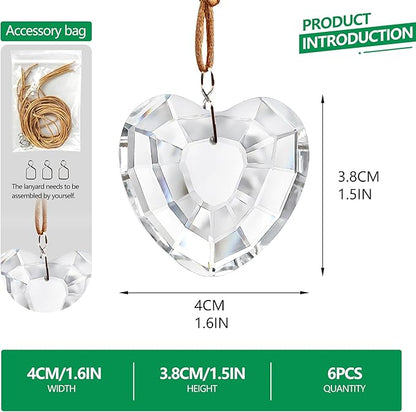 6pcs Clear Crystal Glass Heart Prisms Ornaments Valentines Heart Hanging Crystals Decor for Window Home Car Garden