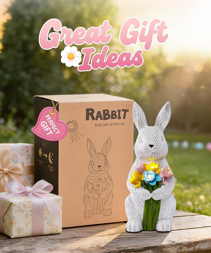 Nacome Solar Bunny Garden Decor: Outdoor Rabbit Statue with Succulent for Yard Art Lawn Ornaments Porch Patio Balcony - Easter Birthday Gifts for Mom Women Grandma