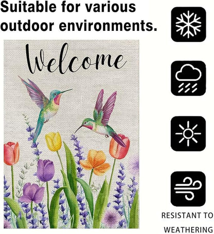 Welcome Hummingbird Spring Flowers House Flag Large Burlap 28x40 Inch Double Sided Outside Yard Holiday Outdoor Farmhouse Decoration