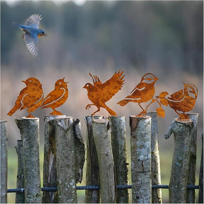 5PCS Rusty Metal Birds Garden Decor - Vintage Yard Art for Fence Decorations, Rustic Outdoor Decor, Ideal Gift for Bird Lovers (Wrens, Life-Size Silhouettes)