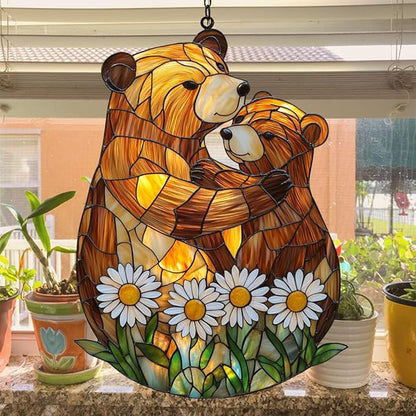 Cute Lovely Mother Bear Acrylic Suncatcher Stained Glass Effect Window Car Hanging Christmas Ornament Indoor Outdoor Decor Garden Sun Catcher Panel for Bear Lover for Women Mom Grandma