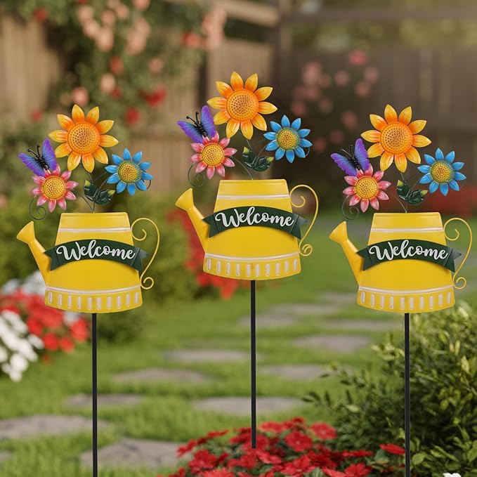 48inch Spring Metal Flowers for Outside with Decorative Butterfly, Tall Flower Garden Stakes Metal Welcome Signs for Outside, Yard, Lawn, Pathway, for Mom
