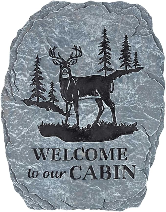 Carson 10.5" 'Welcome to Our Cabin' White Tail Deer Garden Stone - White Tail Decor for Cabin - Outdoor Deer Decorations - White Tail Buck Hunting Decor