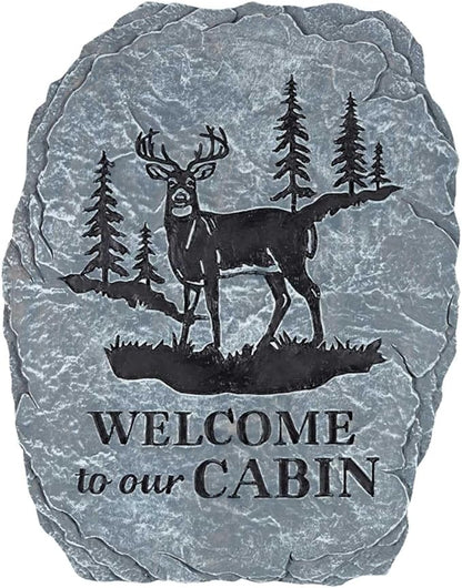 Carson 10.5" 'Welcome to Our Cabin' White Tail Deer Garden Stone - White Tail Decor for Cabin - Outdoor Deer Decorations - White Tail Buck Hunting Decor
