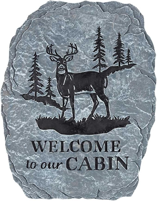 Carson 10.5" 'Welcome to Our Cabin' White Tail Deer Garden Stone - White Tail Decor for Cabin - Outdoor Deer Decorations - White Tail Buck Hunting Decor