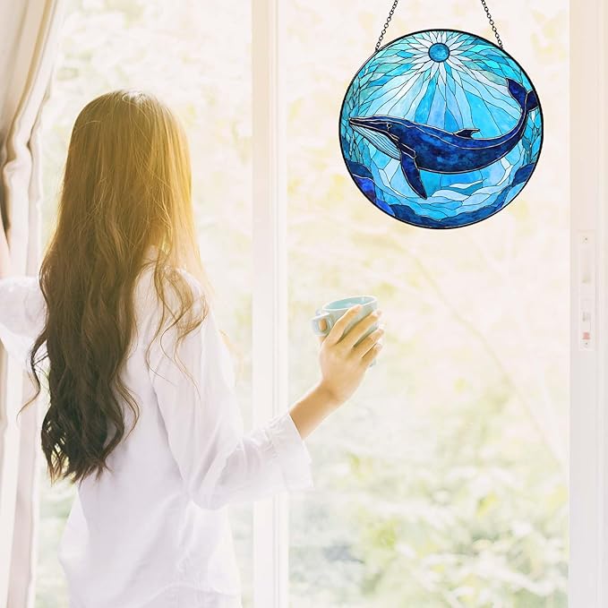 Whale Stained Glass Sun Catcher Window Hanging Whale Lovers Gifts for Women Handmade SunCatcher Decoration for Home Decor Gifts for Ocean Lover Sea Life Decor Beach 7.87inch