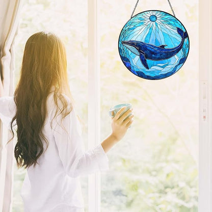 Whale Stained Glass Sun Catcher Window Hanging Whale Lovers Gifts for Women Handmade SunCatcher Decoration for Home Decor Gifts for Ocean Lover Sea Life Decor Beach 7.87inch