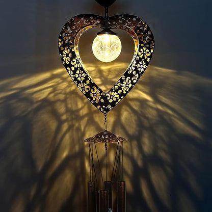 Solar Wind Chimes for Outside Deep Tone Heart LED Crackle Glass Ball LED Decor Light Metal Elegant Hanging Decorations Gifts for Mom Women Yard Porch Birthaday Christmas (Bronze)…