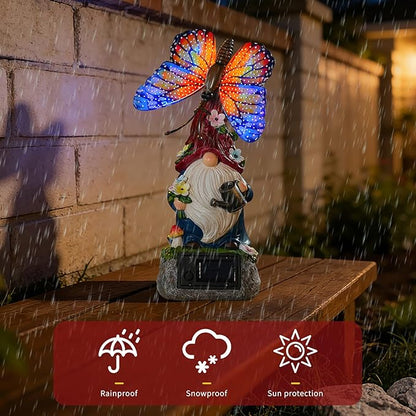 WSgift Garden Gnome Statues Solar-Powered Butterfly Resin Figurine Waterproof Outdoor Decor Mother's Day Orange
