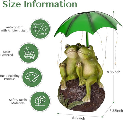 Solar Garden Statues Decor Frog Couple with LED Lights and Umbrella, Spring Outdoor Garden Statues, Frog Statue for Patio, Balcony, Housewarming, Yard Ornaments Gifts for Women
