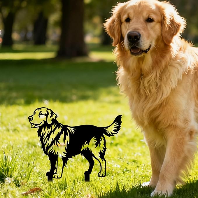 GLOBLELAND 2 Pcs Golden Retriever Mental Garden Stakes Black Silhouette Dog Decorative Yard Stakes Trees Metal Outdoor Art Decor for Yard Patio Lawn Walkway Ornament