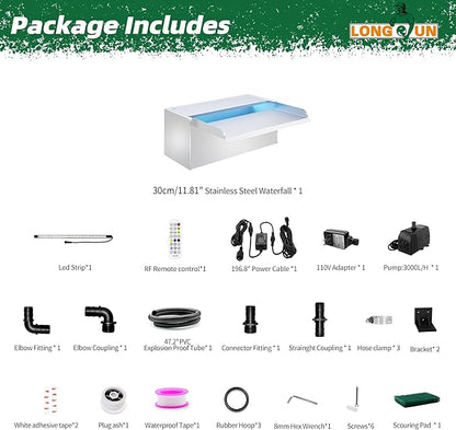 Longrun Pond Waterfall Box with Pump Kit, 304 Stainless Steel Pond Waterfall Spillway with 680 GPH 3000L/H Pump for Ponds, Pond Spillway Color-Changing LED Light Strip for Garden (11.8")