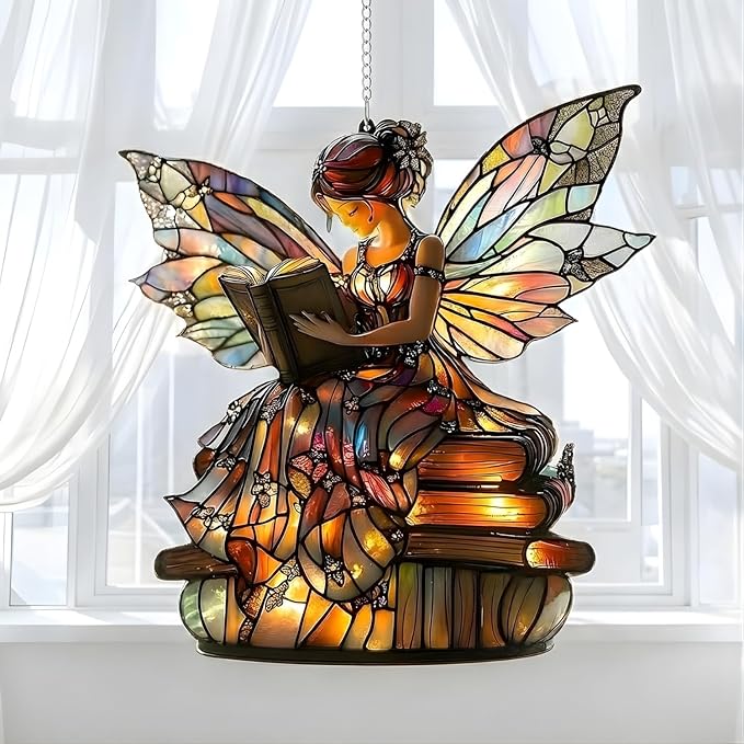 Bookshelf Acrylic Suncatcher Colorful Window Hanging Ornament for Book Lovers Sun Catcher Panel for Home Decor Car Garden Gift Magical Fairy Faux Stained Glass Suncatcher