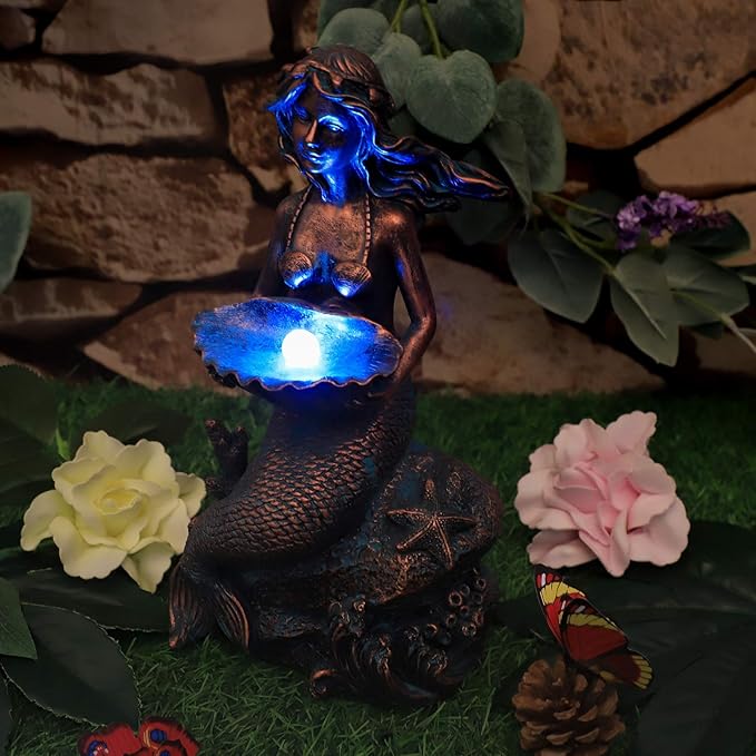Mermaid Sitting on Rock Statue Decorations Animals Bird Bath Feeder Garden Statue Light Up Figurines Princess Ornament Indoor Outdoor Sculpture Gift for Home Yard Patio Decor