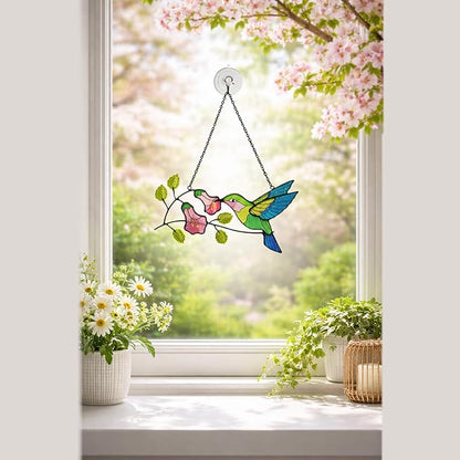 Hummingbird Stained Glass Suncatcher, Handmade Colorful Window Hanging Sun Catcher Ornament for Home & Garden Decor, Great Gift Idea for Bird Lovers & Mom