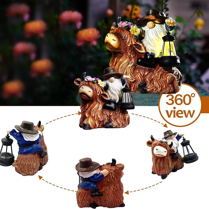 Solar Highland Cow Gnome Garden Decorative Statue - Detachable Lantern - Outdoor Fun Decoration Light Outdoor Decorations for Patio,Yard and Gift for Mom