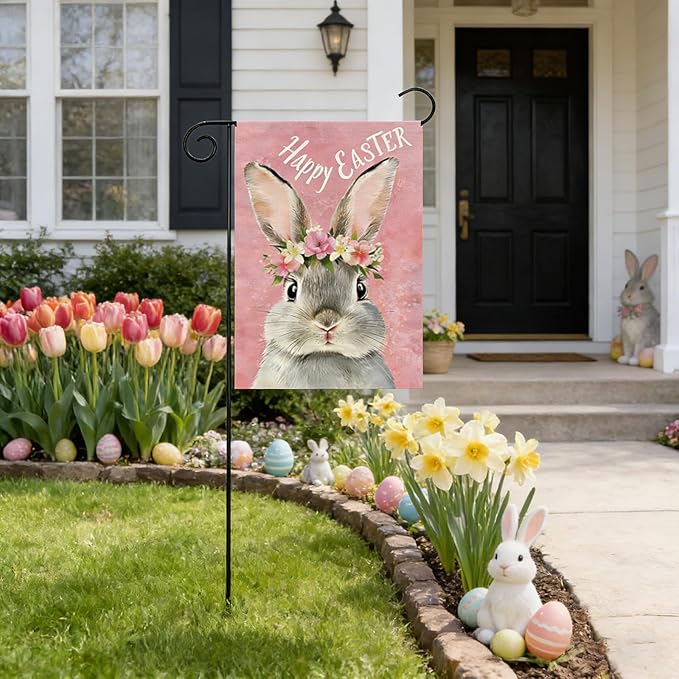 1Pcs Happy Easter Garden Flag, Cute Bunny Garden Flags 12x18 Double Sided, Flower Rabbit Vertical Flag, Spring Holiday Yard Flags, Pink Small Garden Flags for Outside Yard Lawn Easter Decorations