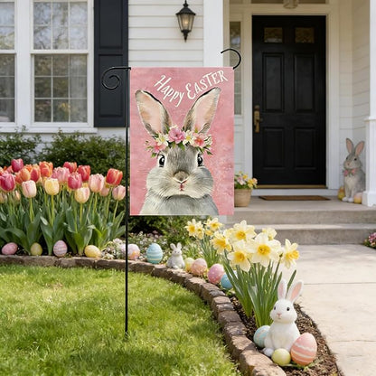 1Pcs Happy Easter Garden Flag, Cute Bunny Garden Flags 12x18 Double Sided, Flower Rabbit Vertical Flag, Spring Holiday Yard Flags, Pink Small Garden Flags for Outside Yard Lawn Easter Decorations