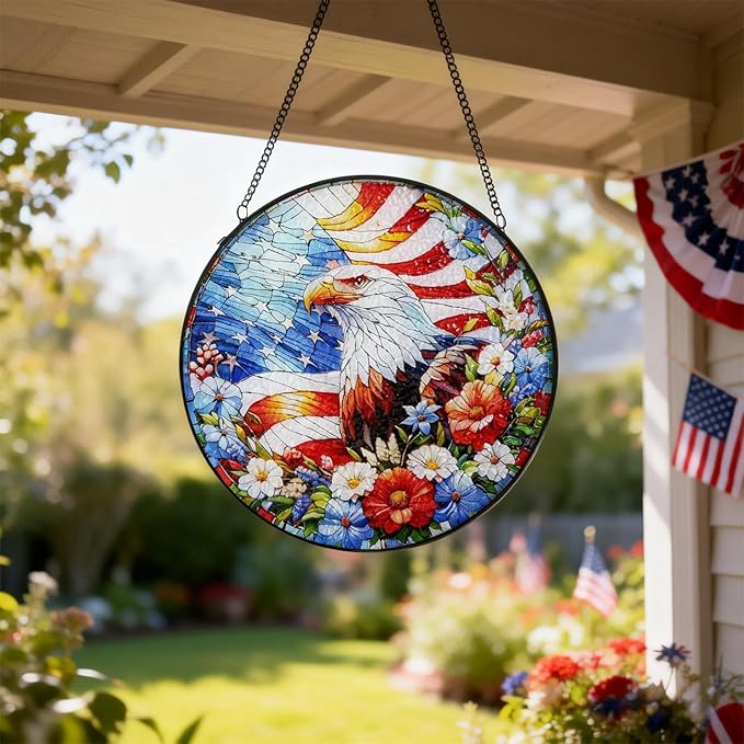Stained Glass Window Hanging, 4th of July Patriotic Eagle Suncatcher, 250th Anniversary Ornament, Independence Day Decor for Home Garden Porch Patio, Birthday Housewarming Gift, 7.8 Inch